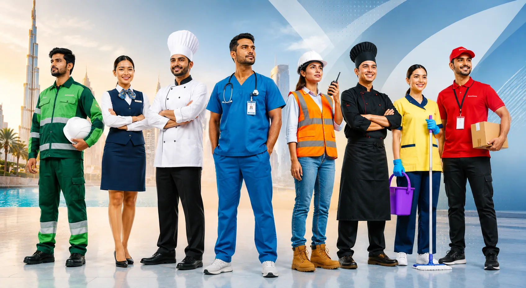 A team in Victory Apparels uniforms — cleaning, hospitality, chef, medical, safety and delivery — against a Dubai skyline