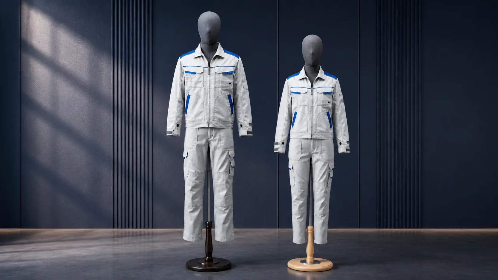 White-and-blue industrial workwear jacket and cargo trousers displayed on two mannequins
