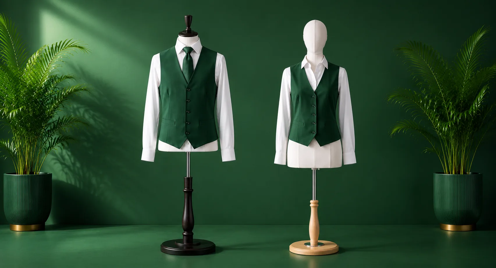 Green waistcoat and white shirt hospitality uniform displayed on two mannequins
