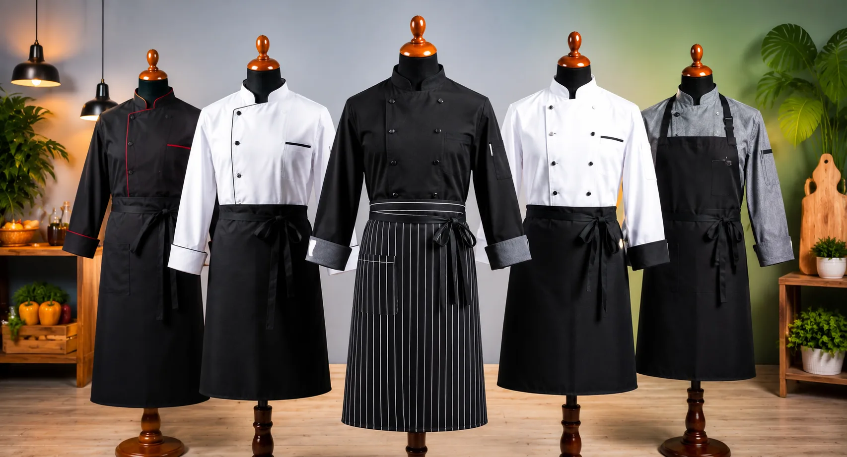 Range of chef jackets and aprons displayed on mannequins in a kitchen