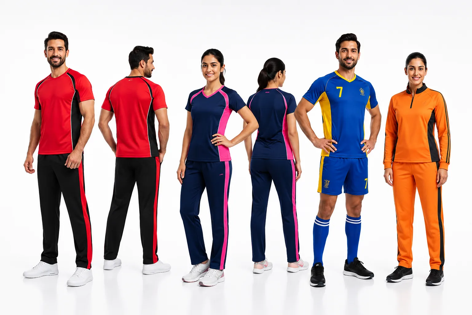 Sportswear and team kits in red, navy, blue and orange modelled front and back