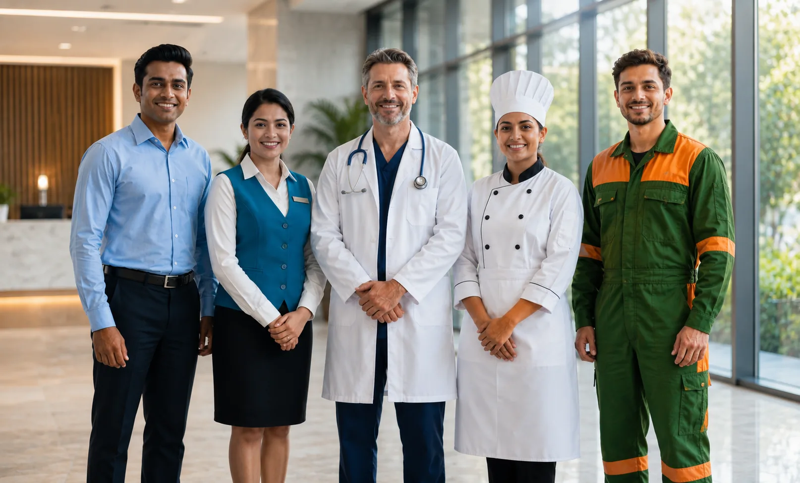 Corporate, hospitality, medical, chef and workwear uniforms worn by a team in a modern lobby