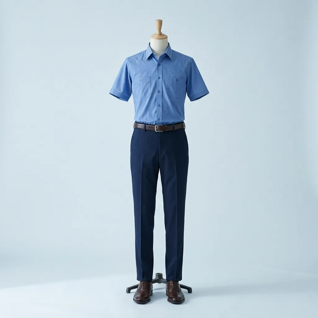 French-blue corporate shirt and navy trousers displayed on a mannequin