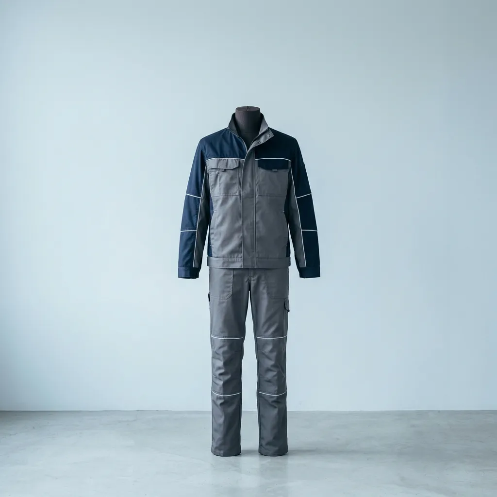 Grey-and-navy engineering workwear with reflective piping on a mannequin