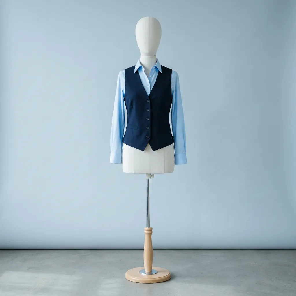 Navy waistcoat and sky-blue shirt front-office uniform on a mannequin