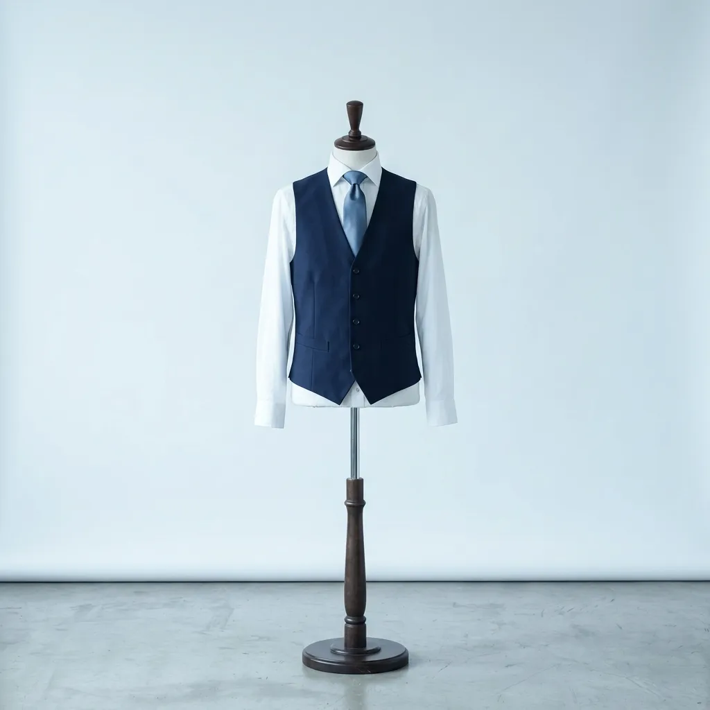 Navy formal waistcoat, white shirt and steel-blue tie hotel uniform on a mannequin