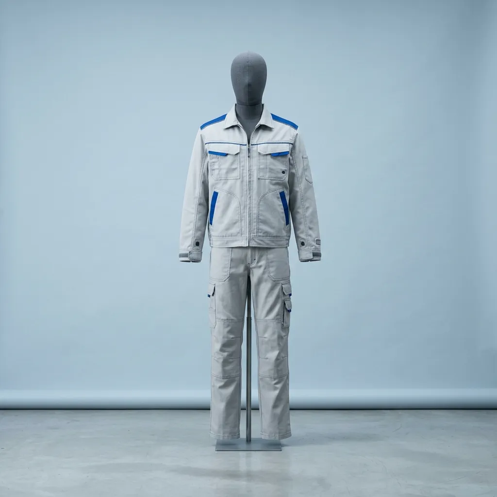 Grey industrial workwear jacket with royal-blue trim displayed on a mannequin