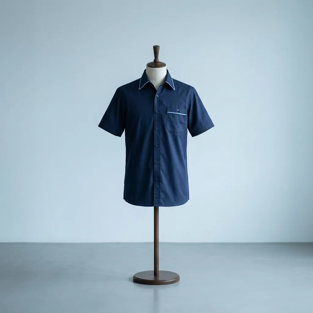 Navy service uniform shirt with light-blue piping displayed on a mannequin