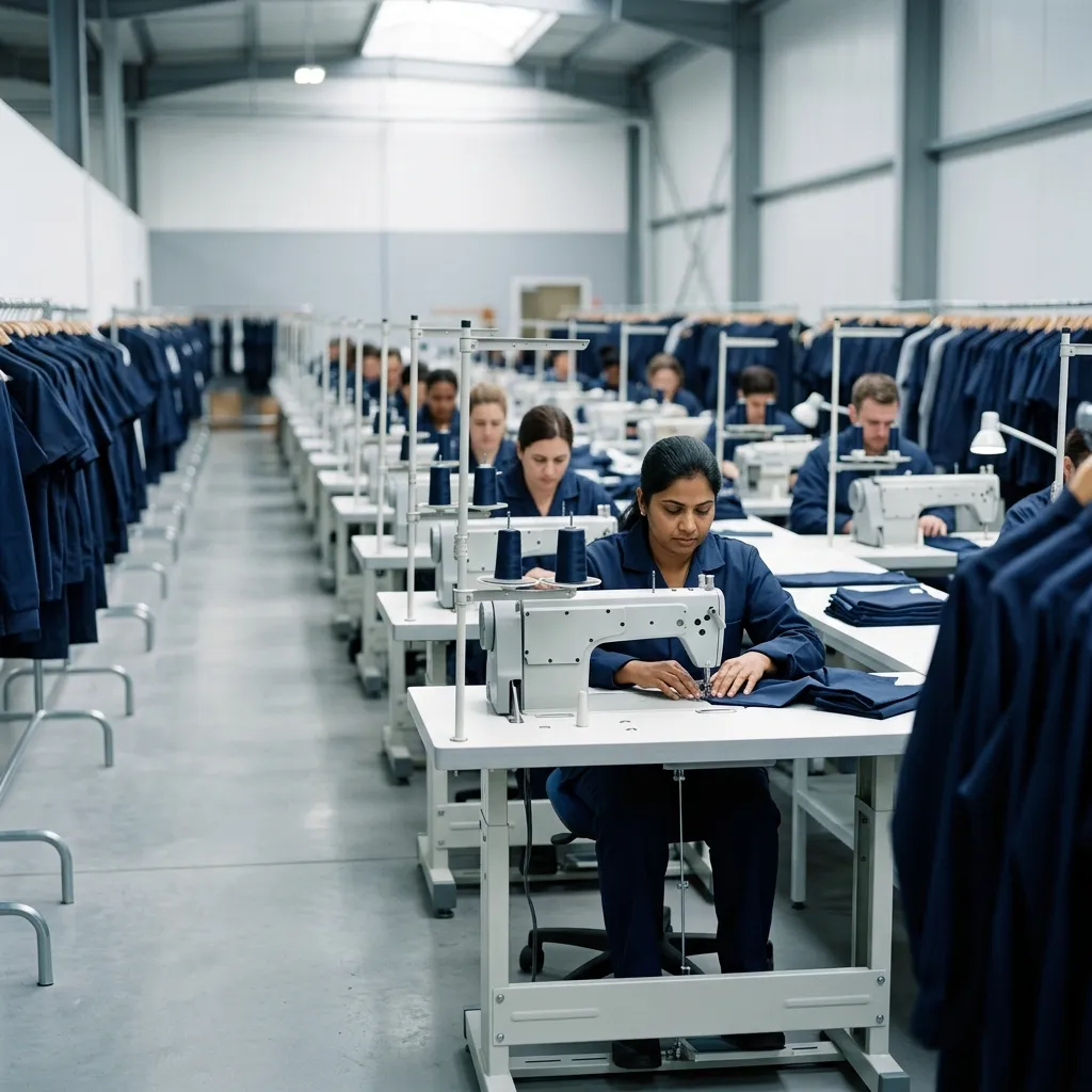 Rows of sewing stations on the Victory Apparels production floor