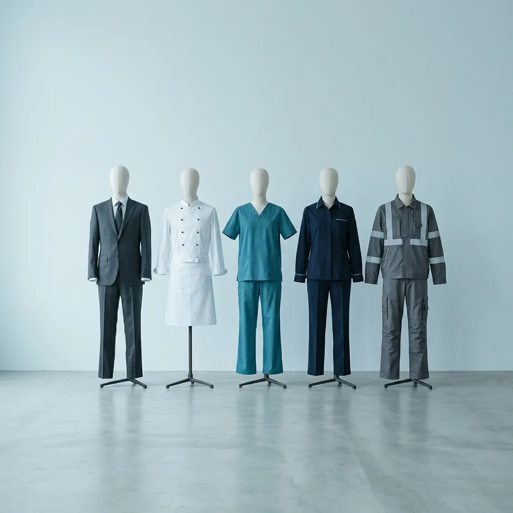 Uniforms for five industries displayed on mannequins