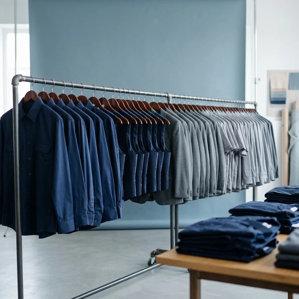 Rail of finished uniforms ready for delivery