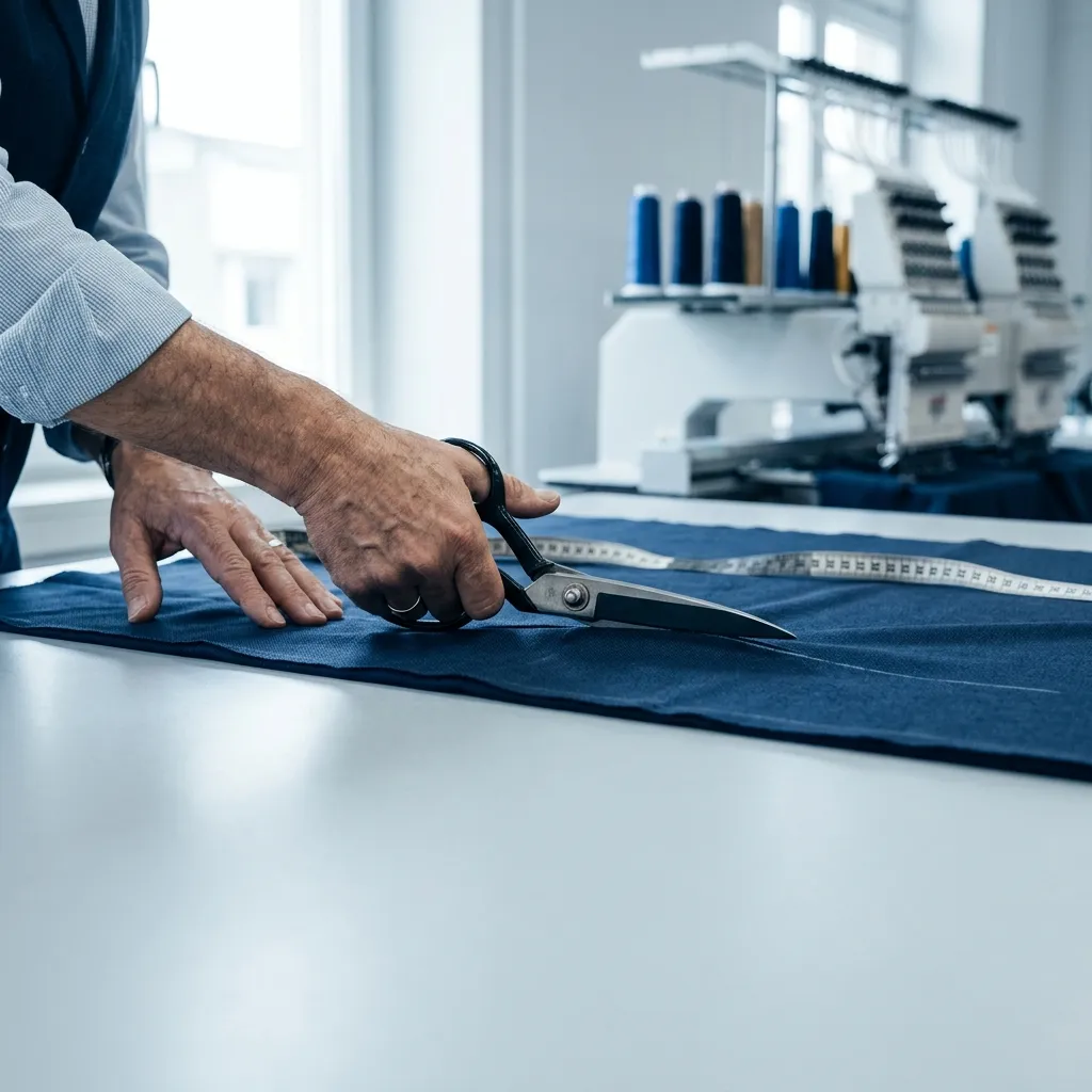 Tailor cutting navy fabric at the Victory Apparels workshop